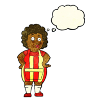 mulher de desenho animado no avental de cozinha com balão de pensamento png