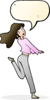 cartoon happy girl kicking out leg with speech bubble png