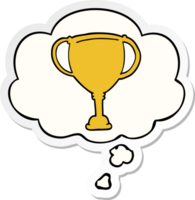 cartoon sports trophy with thought bubble as a printed sticker png