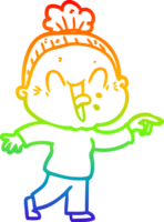 rainbow gradient line drawing of a cartoon happy old woman png