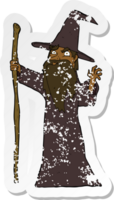 retro distressed sticker of a cartoon spooky wizard png