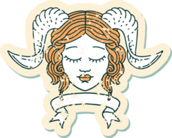 grunge sticker of a tiefling character face with scroll banner png