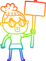 rainbow gradient line drawing of a cartoon protester woman wearing spectacles png