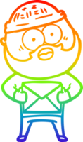 rainbow gradient line drawing of a cartoon surprised bearded man holding letter png