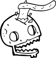 hand drawn black and white cartoon axe in skull png