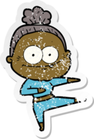 distressed sticker of a cartoon happy old woman png