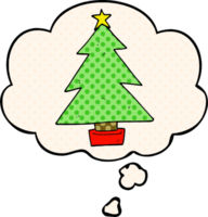 cartoon christmas tree with thought bubble in comic book style png