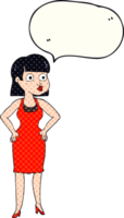 mano disegnato comico libro discorso bolla cartone animato donna nel vestito con mani su fianchi png