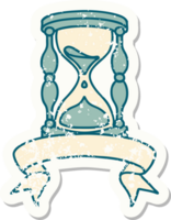 worn old sticker with banner of an hour glass png