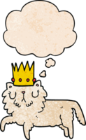 cartoon cat wearing crown with thought bubble in grunge texture style png