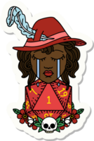 sticker of a crying human bard with natural one D20 dice roll png