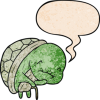 cute cartoon old turtle with walking stick with speech bubble in retro texture style png