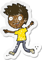 retro distressed sticker of a cartoon crazy excited boy png