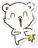 distressed sticker of a happy cartoon polar bear kicking png