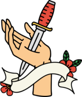 traditional tattoo with banner of a dagger in the hand png