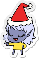 happy hand drawn sticker cartoon of a elf girl pointing wearing santa hat png