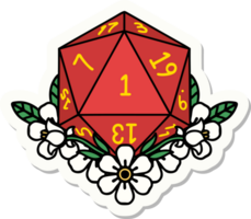 sticker of a natural one dice roll with floral elements png