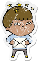 distressed sticker of a cartoon amazed boy png