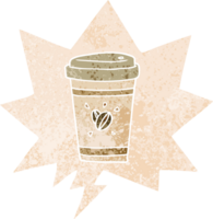 cartoon takeout coffee with speech bubble in grunge distressed retro textured style png