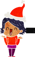 main tiré rétro dessin animé de une content femme portant Père Noël chapeau png