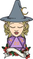 Retro Tattoo Style elf mage character with natural twenty dice roll png