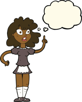 mucama preocupada de dibujos animados con burbuja de pensamiento png