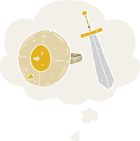 cartoon shield and sword with thought bubble in retro style png