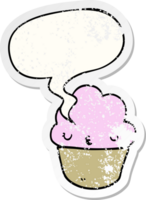 cartoon cupcake with face with speech bubble distressed distressed old sticker png