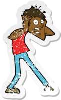 retro distressed sticker of a cartoon man panicking png