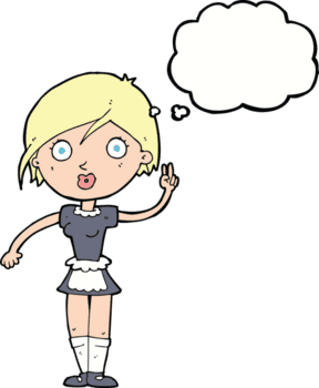 caricatura, camarera, elaboración, mano, gesto, con, pensamiento, burbuja png