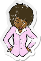 retro distressed sticker of a cartoon woman with hands on hips png
