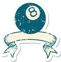 worn old sticker with banner of 8 ball png