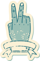 Retro Tattoo Style victory v hand gesture with banner png