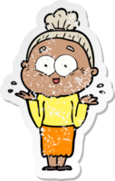 distressed sticker of a cartoon happy old woman png