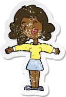 retro distressed sticker of a cartoon woman with open arms png