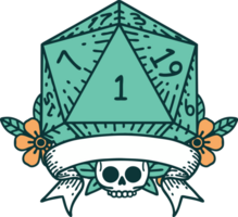 Retro Tattoo Style natural one d20 dice roll png