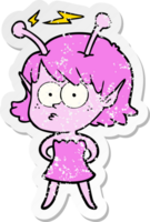 distressed sticker of a cartoon alien girl png