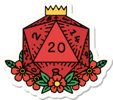 sticker of a natural 20 D20 dice roll with floral elements png