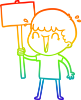 rainbow gradient line drawing of a laughing cartoon man waving placard png