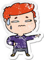distressed sticker of a cartoon anxious man pointing png