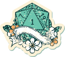 Retro Tattoo Style natural one d20 dice roll png