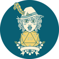 Retro Tattoo Style elf bard with natural twenty dice roll png