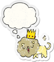 cartoon lion with crown with thought bubble as a distressed worn sticker png