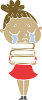 flat color style cartoon crying woman with stack of books png