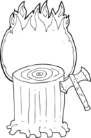 hand drawn black and white cartoon tree stump and axe png