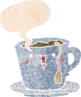 mignonne dessin animé tasse et soucoupe avec discours bulle dans grunge affligé rétro texturé style png