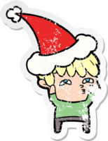 hand drawn distressed sticker cartoon of a curious man wearing santa hat png