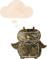 dessin animé hibou avec pensée bulle dans grunge affligé rétro texturé style png