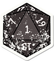 grunge sticker of a natural 1 D20 dice roll png