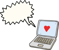 mano dibujado habla burbuja dibujos animados ordenador portátil computadora con corazón símbolo en pantalla png